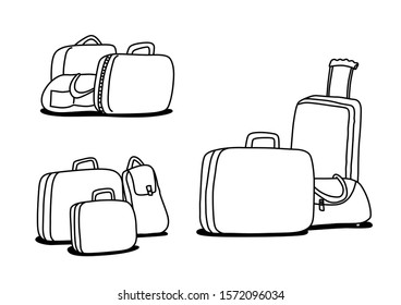 Set of luggage. Travel, travelling. Vector sketch black and white line illustration.