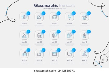 Set of Luggage trolley, Buyer and World travel line icons for web app. Sale, Smile chat, Fish icons. Baggage, Spf protection, Ice cream signs. Popcorn, Sleep, Ice cream milkshake. Heart. Vector