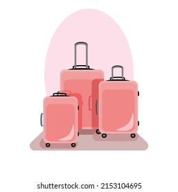 Conjunto de ilustración del vector del equipaje con tres maletas rosas en técnica plana aisladas en blanco 