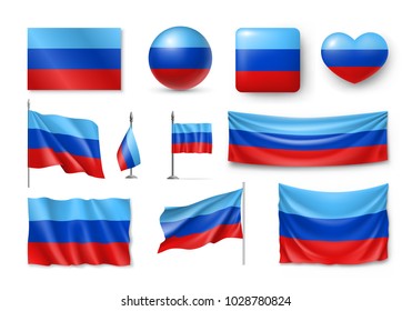 Set Luhansk People Republic flags, banners, banners, symbols, flat icon. Vector illustration of collection of national symbols on various objects and state signs
