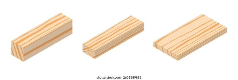 Set of lumber beam and plank for building construction. 3D isometric illustration. Woodworking and construction element. Isolated vector for banner, poster, presentation, infographic, webs, apps