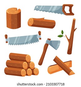 Set of lumber and tools for cutting wood. Collection include ax, hand saw, two-handed saw, wooden logs, stump, firewood and tree branch. Isolated vector illustration in cartoon flat style.
