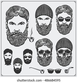 Set of Lumberjack characters with glasses, tobacco pipes and hats. Vintage style. Monochrome illustration.