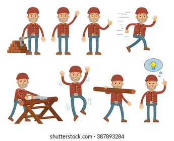 Set of lumberjack characters posing in different situations. Cheerful lumberjack showing different hand gestures, running, jumping, wood cutting, pointing up. Flat style vector illustration