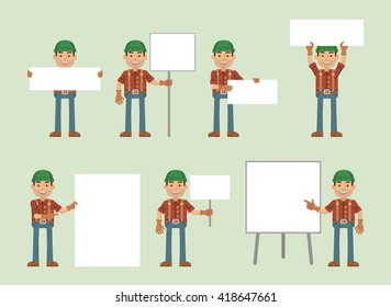 Set of lumberjack characters posing with different blank banners. Cheerful worker holding paper, poster, placard, pointing to whiteboard. Teach, advertise, promote. Flat style vector illustration