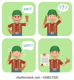 Set of lumberjack characters posing in different situations. Cheerful worker talking on the phone, thinking, surprised, angry, holding document, contract, paper. Flat style vector illustration