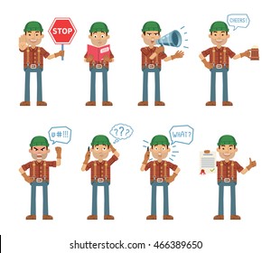 Set of lumberjack characters posing in different situations. Cheerful lumberjack talking on phone, surprised, thinking, angry, holding stop sign, loudspeaker, document, book. Flat vector illustration