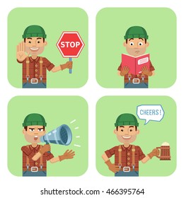 Set of lumberjack characters posing in different situations. Cheerful worker holding stop sign, loudspeaker, mug of beer, reading a book. Flat style vector illustration