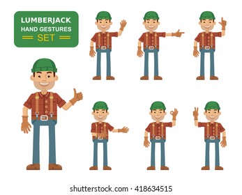 Set of lumberjack characters showing different hand gestures. Cheerful worker showing thumb up gesture, this way, greeting, waving, pointing up, victory sign. Flat style vector illustration
