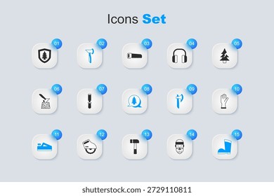 Set Lumberjack, Chisel tool, Wooden axe, plane, Waterproof rubber boot, Protective gloves, Shield with tree and Tree icon. Vector