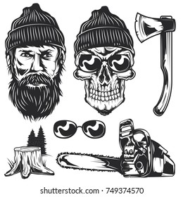 Set of lumberjack elements for creating your own badges, logos, labels, posters etc. Isolated on white