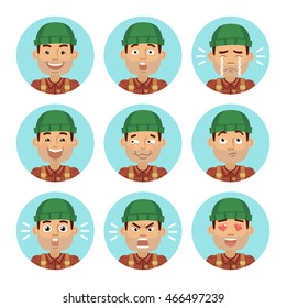 Set of lumberjack emoticons. Man avatars showing different emotions. Happy, smile, sad, cry, angry, love, surprised, upset, laugh and other facial expressions. Flat style vector illustration