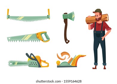 Set of lumberjack equipment vector illustration isolated on white background. Lumberman character, hand saw, two-handed saw, chainsaw, ax, jigsaw, sawdust. Logging industry