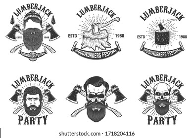 Set of lumberjack festival emblems. Lumberjack skull with crossed axes. Design element for poster, card, banner, logo, emblem, sign, badge. Vector illustration