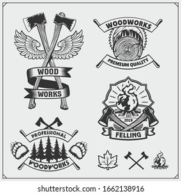Set of Lumberjack labels, badges and design elements. Joinery and hand made emblems. Vintage style. Print design for t-shirt. 