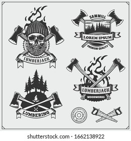 Set of Lumberjack labels, badges and design elements. Joinery and hand made emblems. Vintage style. Print design for t-shirt. 