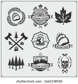 Set of Lumberjack labels, badges and design elements. Joinery and hand made emblems. Vintage style. Print design for t-shirt. 