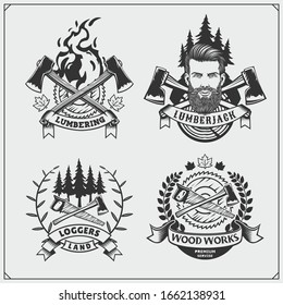 Set of Lumberjack labels, badges and design elements. Joinery and hand made emblems. Vintage style. Print design for t-shirt. 