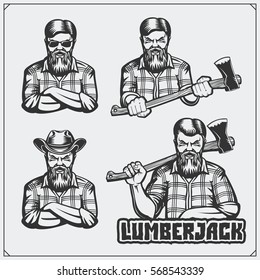 Set of Lumberjack labels, emblems, badges and design elements. Vintage style.