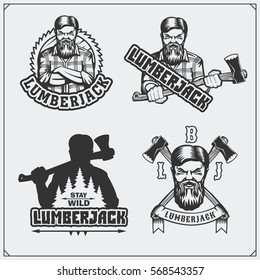 Set of Lumberjack labels, emblems, badges and design elements. Vintage style. Print design for t-shirt.