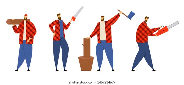 Set of Lumberjack Male Characters in Plaid Shirts Posing with Working Equipment and Tools, Woodcutters Holding Chainsaw, Axe, Saw and Wooden Log. Lumber Workers. Cartoon Flat Vector Illustration