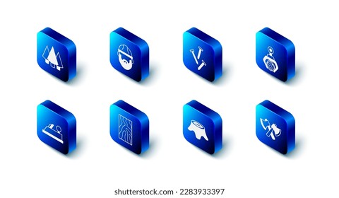 Set Lumberjack, Metallic nails, Grapple crane grabbed log, Wooden axe, Tree stump, beam, plane tool and Christmas tree icon. Vector