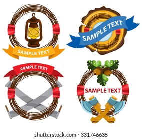 Set of lumberjack and sawmill logos with kerosene lamp, saw, axe, ring tree