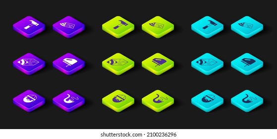 Set Lumberjack, Smoking pipe, Wooden beam, Electric jigsaw,  and Hammer icon. Vector