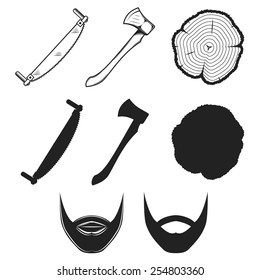 Set of Lumberjack Tools with Facial Fair Elements and a Stump.