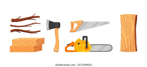 Set of Lumberjack Tools, Tree Branches, Wooden Planks and Log, Timbers and Woodcutter Instruments Chainsaw, Saw, Axe. Sawmill Elements Isolated on White Background. Cartoon Vector Illustration