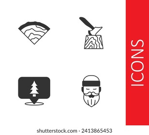 Set Lumberjack, Wooden beam, Location of the forest and axe in stump icon. Vector