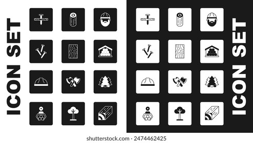 Set Lumberjack, Wooden beam, Metallic nails, logs, Christmas tree and Worker safety helmet icon. Vector