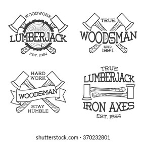 Set of lumberjack and woodsman labels. Posters, stamps, banners and design elements. Isolated on white background. Wood work and manufacture label templates. Vector illustration.