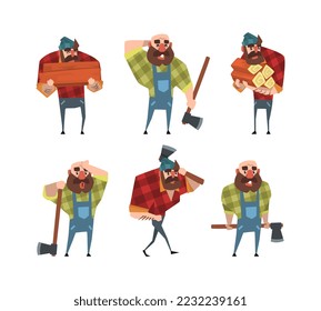 Set of lumberjacks holding axes. Loggers or woodcutters male characters in plaid shirts cartoon vector illustration