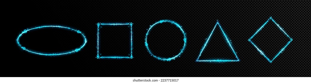 Set of luminous blue neon frames png isolated on transparent background. Realistic vector illustration of oval, square, round, triangle and rhombus shape border with bubble or light flare effect