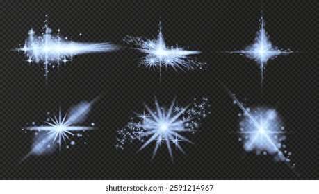 A set of luminous elements in the form of pleiades of stars and blue spheres on a transparent isolated background. Vector illustration. EPS 10.