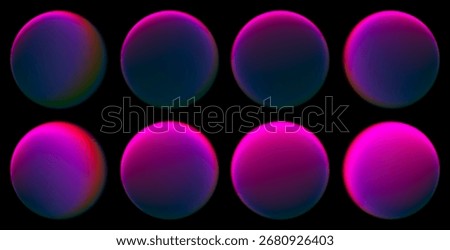 Set of luminous glass spheres glowing with vibrant neon gradients in smooth pink and purple colors for creative digital designs. Colorful spheres set with blurred colors for creative projects. Vector