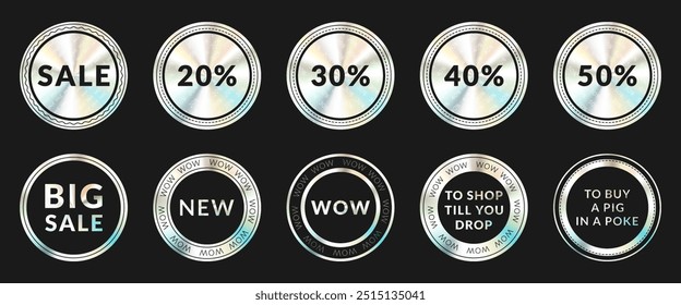 A set of luminous holographic stickers with discounts for goods. Big discounts of 50%. To shop till you drop.