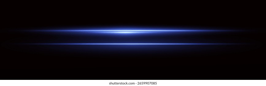 Conjunto de línea luminosa de luz azul Horizontal con brillo brillante y efecto de haz.
