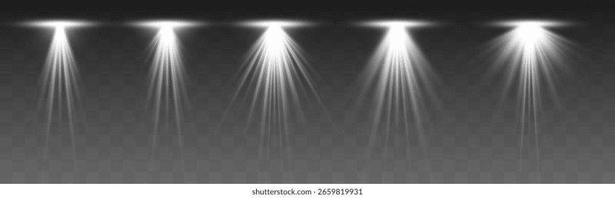 Set of luminous light beams, radiant stars, and sparkling highlights with swirling neon glow effects. Magical white light rays, glow beams, and sparkles for festive illustrations with soft.
