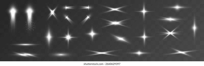 Conjunto de rayos de luz luminosos, estrellas radiantes y destellos brillantes con efectos de brillo de neón.	