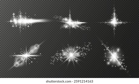 A set of luminous white elements consisting of pleiades of stars and spheres on a transparent isolated background. Vector graphics. EPS10.