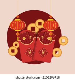 Set in lunar year are lantern, fan, red envelope, and gold coin money. CNY vector illustration.