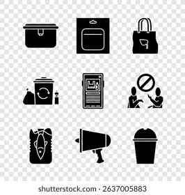 Set Lunch box, Battery in pack, Shopping bag with recycle, Stop ocean plastic pollution, Spread the word, megaphone, Paper glass water, Recycle bin and  icon. Vector