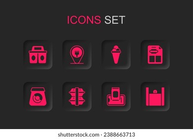 Set Lunch box, Cafe and restaurant location, Coffee cup to go, Food ordering mobile, Restaurant cafe menu, Online food, Ice cream waffle and  icon. Vector
