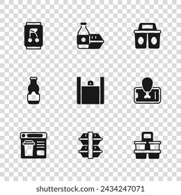 Set Lunch box, Food ordering on mobile, Coffee cup to go, Online food, Soda can,  and Sauce bottle icon. Vector