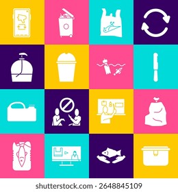 Set Lunch box, Garbage bag, Disposable plastic knife, Dead bird,, Paper glass water, Bottle of liquid soap, Megaphone on mobile and Problem pollution the ocean icon. Vector