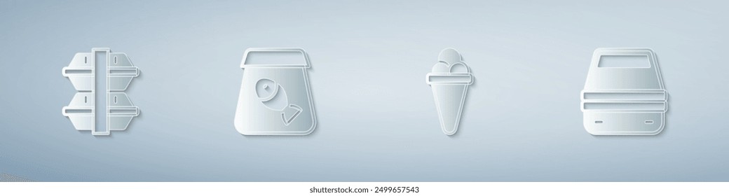 Set Lunch box, Online ordering fish, Ice cream waffle and . Paper art style. Vector