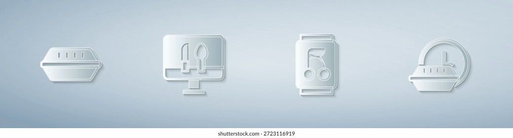 Fije la caja del almuerzo, la comida de la orden en línea, la lata de refresco y la entrega del reloj redondo. Estilo de arte de papel. Vector