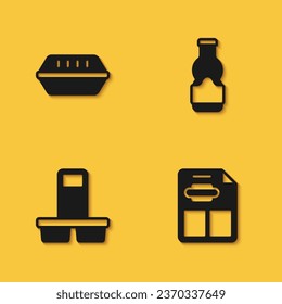 Set Lunch box, Restaurant cafe menu, Coffee cup to go and Sauce bottle icon with long shadow. Vector